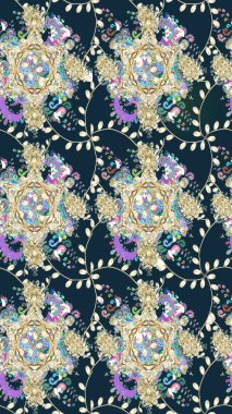 Mavi renkli şirin çiçek deseni. Düz Çiçek Elementleri Tasarımı. Renkli Bahar Temalı Kusursuz Arkaplan. Raster Modaya uygun kumaş deseni.