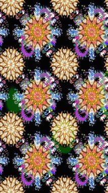 Raster illüstrasyonu. Şatafatlı bahar bahçesi dokusu. Siyah renkli çiçekler. Siyah renklerde çiçeksiz. Çiçek deseni.