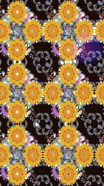 Sarı renkli çiçekler. Düz Çiçek Elementleri Tasarım Raster illüstrasyonu. Renkli Bahar Temalı Kusursuz Arkaplan. Çiçeksiz desenli arka plan.