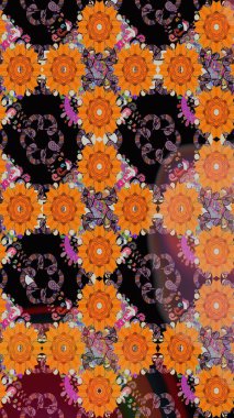 Turuncu ve siyah renklerde etnik çiçeklerle kusursuz bir desen. Asya Tekstil 'inde Raster Çiçek İllüstrasyonu.