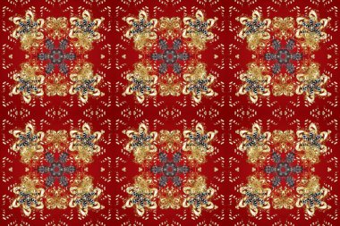 Kırmızı ve kahverengi renklerde altın elementlerle kusursuz desen. Klasik raster sarısı, kusursuz desen. Geleneksel oryantasyon süsü. Klasik vintage arkaplan.