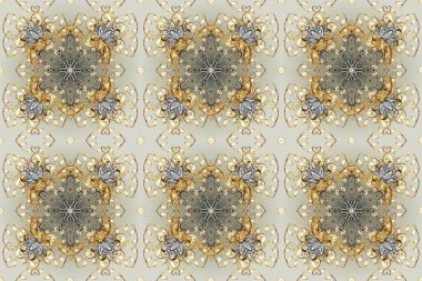 Çiçek kiremitleri. İslam tasarımı. Kusursuz desenli oryantal süs. Raster altın tekstil baskısı. Altın desenli gri, nötr ve bej rengi altın elementlerle.