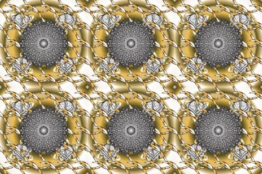 Geleneksel oryantasyon süsü. Gri, bej ve altın elementli nötr renklerde kusursuz desen. Raster illüstrasyonu. Klasik klasik klasik arka plan. Kusursuz klasik raster altın desenli.