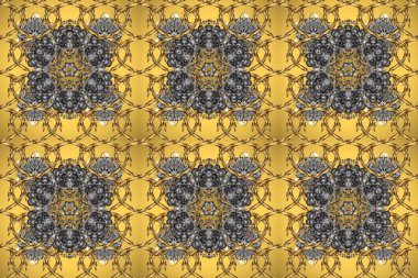 Doğu tarzında klasik tasarım öğesi. Duvar kâğıdı için altın süslü bir illüstrasyon. Çiçekli süslemeli, pürüzsüz bir desen. Sarı, gri ve kahverengi renklerde Arap dekoru. Süslü dantel iz sürücü.