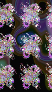 Çiçek duvar kâğıdı. Siyah ve mor renkli şirin tekstil tarzında. Renkli, pürüzsüz desen. Raster illüstrasyonu. Çiçek arka planı.