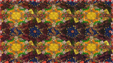 Kahverengi ve sarı renklerde etnik çiçeklerle kusursuz bir desen. Raster Çiçek İllüstrasyon Şirin Tekstil.