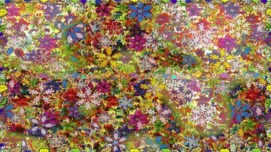 Raster Modaya uygun kumaş deseni. Renkli Bahar Temalı Kusursuz Arkaplan. Kahverengi renkli şirin çiçek deseni. Düz Çiçek Elementleri Tasarımı.