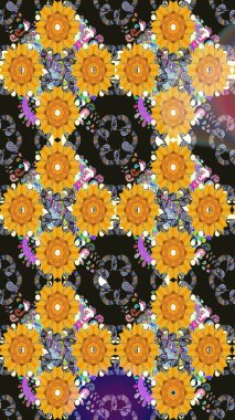 Renkli Bahar Temalı Kusursuz Arkaplan. Çiçeksel fantezi tasarımı, parlak bir arka planda, kusursuz bir desen. Düz Çiçek Elementleri Tasarımı.