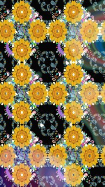 Düz Çiçek Elementleri Tasarımı. Renkli Yaz Temalı Kusursuz Arkaplan. Sarı renkli çiçekler. Raster illüstrasyonunda trendsiz çiçek deseni.