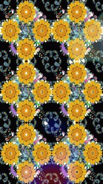 Renkli Bahar Temalı Kusursuz Arkaplan. Düz Çiçek Elementleri Tasarımı. Çiçeksel fantezi tasarımı. Parlak bir arka planda..