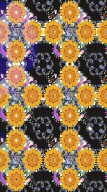 Raster illüstrasyonunda kusursuz çiçek deseni. Düz Çiçek Elementleri Tasarımı. Renkli Bahar Temalı Kusursuz Arkaplan. Gri renkli çiçekler.