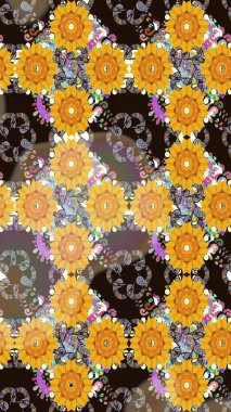 Raster illüstrasyonu. Çiçeklerle suluboya desenli çiçek deseni. Sarı renkli Asya tekstili.