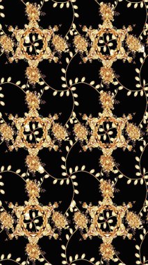 Siyah ve bej renkli çiçekler. Kusursuz çiçek deseni. Düz Çiçek Elementleri Tasarımı. Asya tekstil tarzında. Renkli Bahar Temalı Kusursuz Arkaplan. Raster illüstrasyonu.