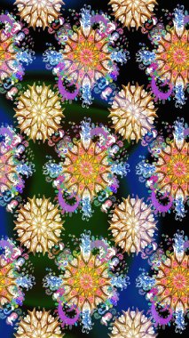 Çiçek duvar kâğıdı. Raster illüstrasyonu. Renkli, pürüzsüz desen. Mavi ve siyah renkli şirin tekstil tarzında. Çiçek arka planı.