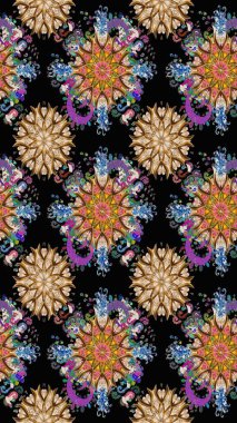 Çok siyah ve kahverengi zarif küçük çiçekler ve siyah ve kahverengi renkli komik böcekler, raster desen, illüstrasyon.