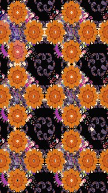 Kumaş desenli papatya çiçeği detayı. Turuncu ve siyah renkte çiçekler.