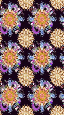 Çiçek çelengi. Kıvırcık, parlak örgü. Şablon, pürüzsüz, çiçekli kenar. Güzel, parlak, pürüzsüz kumaş, tuval. Eski moda arka plan. Raster illüstrasyonu.