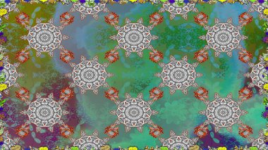 Çiçekli el, pürüzsüz desen çizmiş. Modern gelişim yeşil raster arka plan duvar kâğıdı illüstrasyon klasik çizgili iz sürme desenli çiçekler, çiçekli süsler.