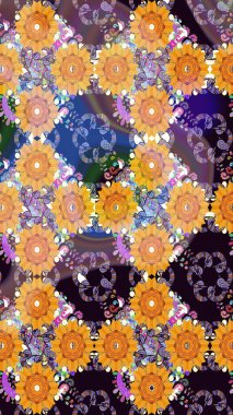 Parlak renkli çiçekleri ve sarı ve turuncu renklerde yaprakları olan şaşırtıcı, pürüzsüz çiçek deseni. Modern çiçek arkaplanı. Moda baskıları için zarif bir şablon. Halk stili.