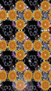 Raster illüstrasyonunda kusursuz çiçek deseni. Siyah ve turuncu renkli çiçekler.