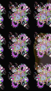 Çiçeksiz desenli nakış işlemeli gelincikler ve vadideki zambaklar. Tekstil tasarımı için siyah renkli geleneksel halk çiçekleri buketi.