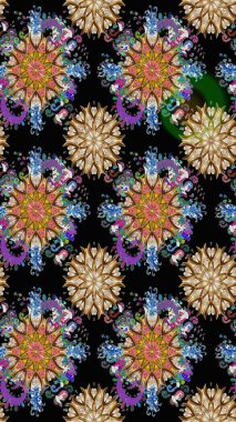 Siyah renkli çiçekler. Raster illüstrasyonunda kusursuz çiçek deseni. Renkli Bahar Temalı Kusursuz Arkaplan. Düz Çiçek Elementleri Tasarımı.