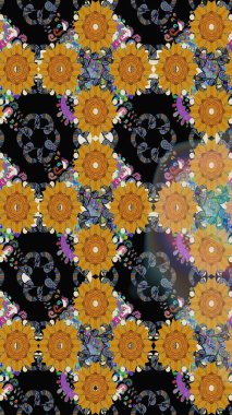 Raster Modaya uygun kumaş deseni. Siyah renkli şirin çiçek deseni. Renkli Bahar Temalı Kusursuz Arkaplan. Düz Çiçek Elementleri Tasarımı.