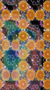 Varicoloorange raster kusursuz çizim. Küçük çiçekteki sevimli çiçek deseni. Birçok turuncu ve soyut çiçekli tropikal desenler..