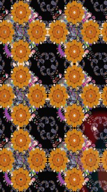 Raster illüstrasyonunda kusursuz çiçek deseni. Düz Çiçek Elementleri Tasarımı. Renkli Bahar Temalı Kusursuz Arkaplan. Siyah renkte çiçekler.