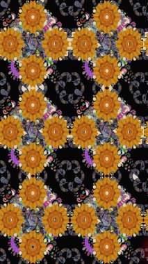 Hediye ambalaj kağıdı, tebrik kartları, posterler ve pankart tasarımı. Siyah renkli çiçekler. Raster düz çiçekleri pürüzsüz desen.