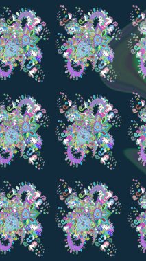 Raster illüstrasyonu. Şirin çiçekli kusursuz desen ve mavi renkli yapraklar, suluboya çiçek deseni, duvar kağıdı, kart veya kumaş için fayanslı.