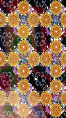 Renkli Bahar Temalı Kusursuz Arkaplan. Çiçeksel fantezi tasarımı, parlak bir arka planda, kusursuz bir desen. Düz Çiçek Elementleri Tasarımı.