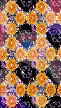 Zarif, pürüzsüz desenli, sarı renkli etnik çiçekler. Raster Çiçek İllüstrasyon Şirin Tekstil.