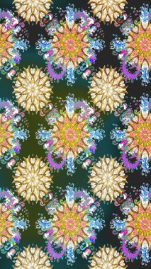 Yeşil ve mavi renkte çiçekler. Renkli Bahar Temalı Kusursuz Arkaplan. Raster illüstrasyonu. Düz Çiçek Elementleri Tasarımı. Çiçekli, suluboya desenli kusursuz çiçek deseni.