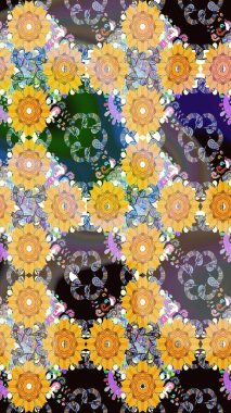 Sarı renklerde. Raster deseni. Raster illüstrasyonu. Soyut çiçek desensiz arkaplan. Küçük çiçekte sevimli çiçek deseni var..