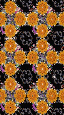 Tekstil, kumaş, ambalaj, hatıra defteri için hoş bir çiçek arkaplanı. Çocuksu tasarım. Siyah arka planda. Elle çizilmiş karalama çiçekleri ile pürüzsüz desen.