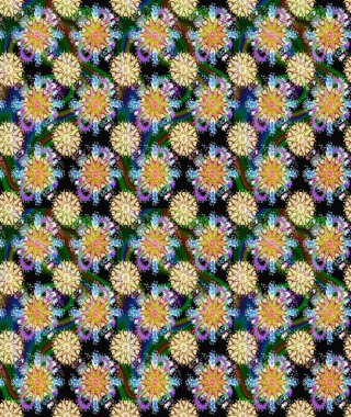 Bir sürü mavi ve siyah soyut çiçekli tropik, pürüzsüz bir desen. Varicoloblue ve siyah raster pürüzsüz illüstrasyon. Küçük çiçekte sevimli çiçek deseni var..