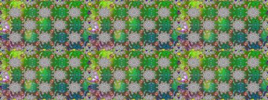 Düz Çiçek Elementleri Tasarımı. Sevimli çiçek raster deseni. Renkli Bahar Temalı Kusursuz Arkaplan. Yeşil renkte çiçekler.