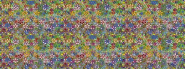 Kusursuz bir mahsul. Renkli Bahar Temalı Kusursuz Arkaplan. Düz Çiçek Elementleri Tasarımı. Raster Şirin kumaş deseni.
