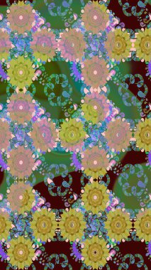 Yeşil renkli çiçekler. Raster Illustrasyon 'da moda olmayan çiçek deseni. Düz Çiçek Elementleri Tasarımı. Renkli Yaz Temalı Kusursuz Arkaplan.