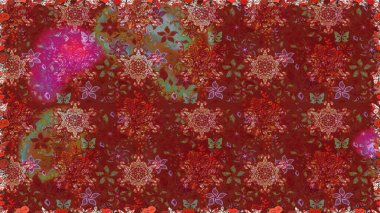 Çiçekli, pürüzsüz bir desen. Raster çiçekleri klasik tarzda çizilmiş. Raster illüstrasyonu. Kibarca, bahar çiçekleri kırmızı renklerde.