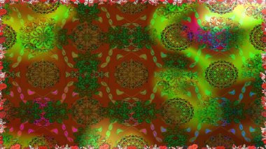 Kusursuz desen. Çiçek duvar kağıdı. Kahverengi renklerde. Raster illüstrasyonu. Hint süsü. Renkli süs kenarı.