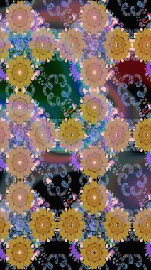 Raster illüstrasyonu. Kıvırcık, parlak örgü. Güzel, parlak, pürüzsüz kumaş, tuval. Eski moda arka plan. Şablon, pürüzsüz, çiçekli kenar. Çiçeklerin çelengi.