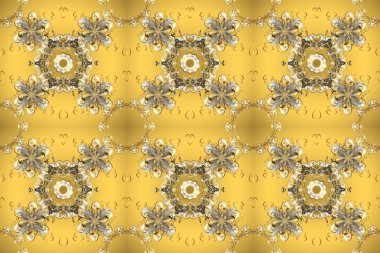 Noel, kar tanesi, yeni yıl 2019. Sarı, bej ve kahverengi renklerde, altın elementlerle kusursuz klasik desen.