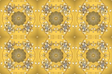 Raster Golden Mehndi kusursuz desen. Sarı, bej ve kahverengi renkte desenler. Kına dövmeli süs çiçekleri, altın çıkartmalar, mehndi ve yoga tasarımı, kartlar ve parmak izleri..