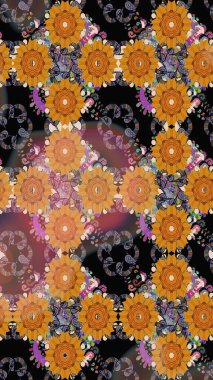 Raster illüstrasyonu. Asya tekstil tarzında. Turuncu renkli çiçekler. Raster illüstrasyonu. Kusursuz çiçek deseni.