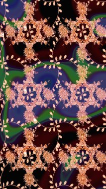 Raster illüstrasyonu. Kahverengi ve siyah renkli Asya tekstili. Kusursuz çiçek deseni.