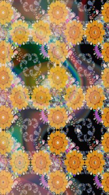 Sarı renkli çiçekler. Renkli Bahar Temalı Kusursuz Arkaplan. Raster illüstrasyonunda kusursuz çiçek deseni. Düz Çiçek Elementleri Tasarımı.