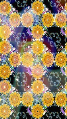 Raster Çiçek İllüstrasyonu güzel tekstil. Sarı renkli etnik çiçeklerle kusursuz bir desen..