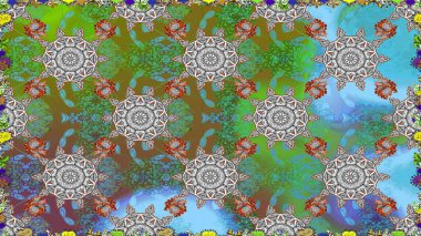 Raster çiçekleri klasik tarzda çizilmiş. Raster illüstrasyonu. Çiçekli, pürüzsüz bir desen. Yumuşak, yeşil renkte bahar çiçekleri.